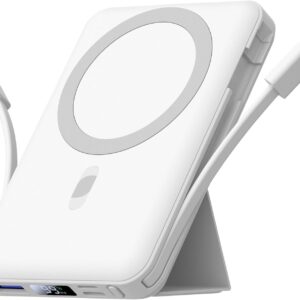 Azmuth for Magsafe Battery Pack, 10000mAh Magnetic Power Bank 22.5W PD Fast Charging with USB-C Cable LED Display Wireless Portable Charger with Stand for iPhone 16/15/14/13/12/Pro (White)
