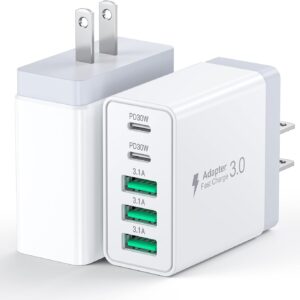 [2-Pack] 60W USB C Wall Charger,5-Port Fast USB C Charging Block 30W Type C Power Adapter,2USB C+3USB A Multiport Charging Cube USB A Wall Plug for iPhone 16/15/14 Pro Max Plus, MacBook,Samsung Galaxy