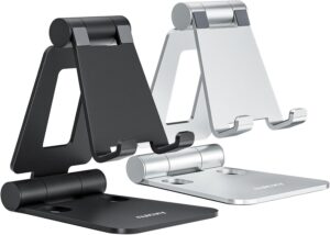 Read more about the article Nulaxy 2 Pack Dual Folding Cell Phone Stand, Fully Adjustable Foldable Desktop Phone Holder Cradle Dock Compatible with Phone 16 15 14 13 12 Pro Xs Xs Max Xr X 8, All Phones, Black & Silver