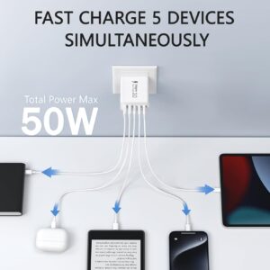 2Pack USB C Fast Charger Block,50W 5-Port USB C Wall Charger Brick,2 USB A & 3 USB C PD3.0 Power Adapter Multiport Type C Charging Plug for iPhone 16/15/14/13,Pad Mini/Pro,AirPods 4,GalaxyS23(White)