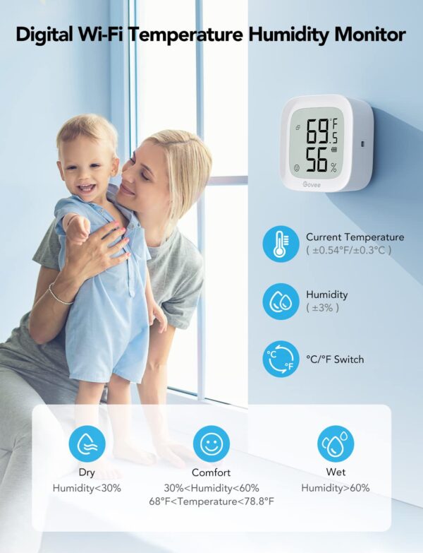 Govee WiFi Thermometer Hygrometer H5103, Indoor Bluetooth Temperature Humidity Sensor with Electronic Ink Display, App Notification Alert, Free Data Storage Export, Digital Remote Monitor for Bedroom - Image 3