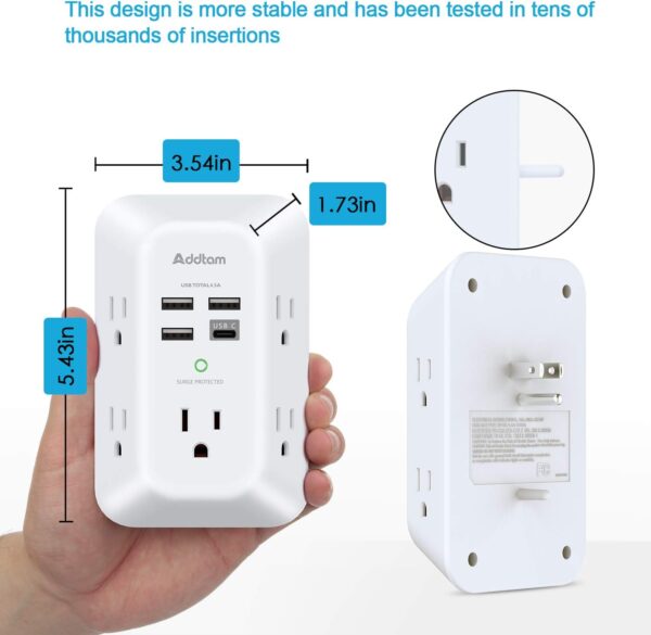 Addtam USB Wall Charger Surge Protector 5 Outlet Extender with 4 USB Charging Ports (1 USB C Outlet) 3 Sided 1800J Power Strip Multi Plug Outlets Wall Adapter Spaced for Home Travel Office ETL Listed - Image 6