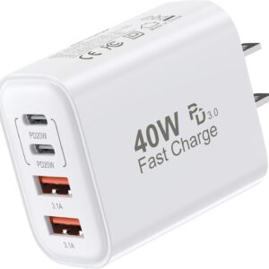 USB C Block 40W, 4 Ports Wall Plug Fast Charging Block, PD+QC Multiport Power Adapter USB C Charger Type C for iPhone 16,15,14,13,12,11, Pro Max, X, Xr, Xs, 8, 7, Watch, Galaxy Phones (White 1Pack)