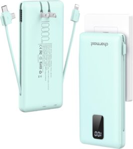 Read more about the article Charmast Portable Charger with Built-in Cables and Plug, 10000mAh USB C Power Bank Fast Charging 15W, External Battery Pack Slim, Travel Essentials Compatible with 16 15 14 13, Samsung Galaxy, iPad
