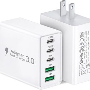 2Pack USB C Fast Charger Block,50W 5-Port USB C Wall Charger Brick,2 USB A & 3 USB C PD3.0 Power Adapter Multiport Type C Charging Plug for iPhone 16/15/14/13,Pad Mini/Pro,AirPods 4,GalaxyS23(White)