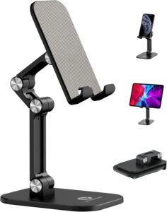 Read more about the article OCYCLONE Phone Stand, Adjustable Height and Angle Foldable Cell Phone Stand Holder for Desk, Taller iPhone Stand Compatible with 4.7″-13″ Smartphones iPad Tablet, Black