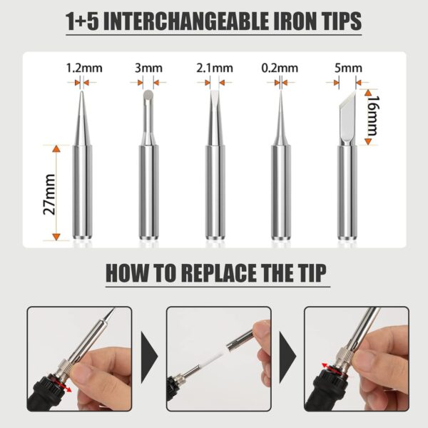 Soldering Iron Kit, 60W Soldering Iron with 5pc Interchangeable Tips, 10-in-1 Adjustable Temperature Solder Welding Tools, Fast Heating, Electronic Repair, 110V - Image 6