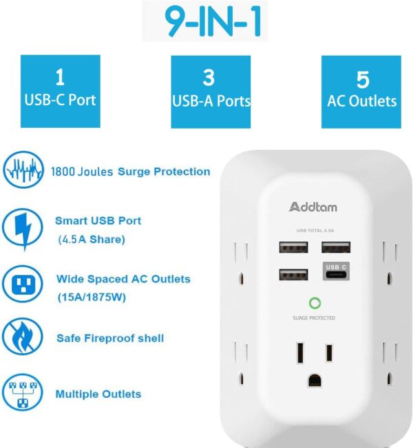Addtam USB Wall Charger Surge Protector 5 Outlet Extender with 4 USB Charging Ports (1 USB C Outlet) 3 Sided 1800J Power Strip Multi Plug Outlets Wall Adapter Spaced for Home Travel Office ETL Listed - Image 2