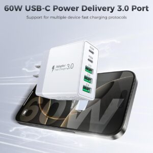 [2-Pack] 60W USB C Wall Charger,5-Port Fast USB C Charging Block 30W Type C Power Adapter,2USB C+3USB A Multiport Charging Cube USB A Wall Plug for iPhone 16/15/14 Pro Max Plus, MacBook,Samsung Galaxy