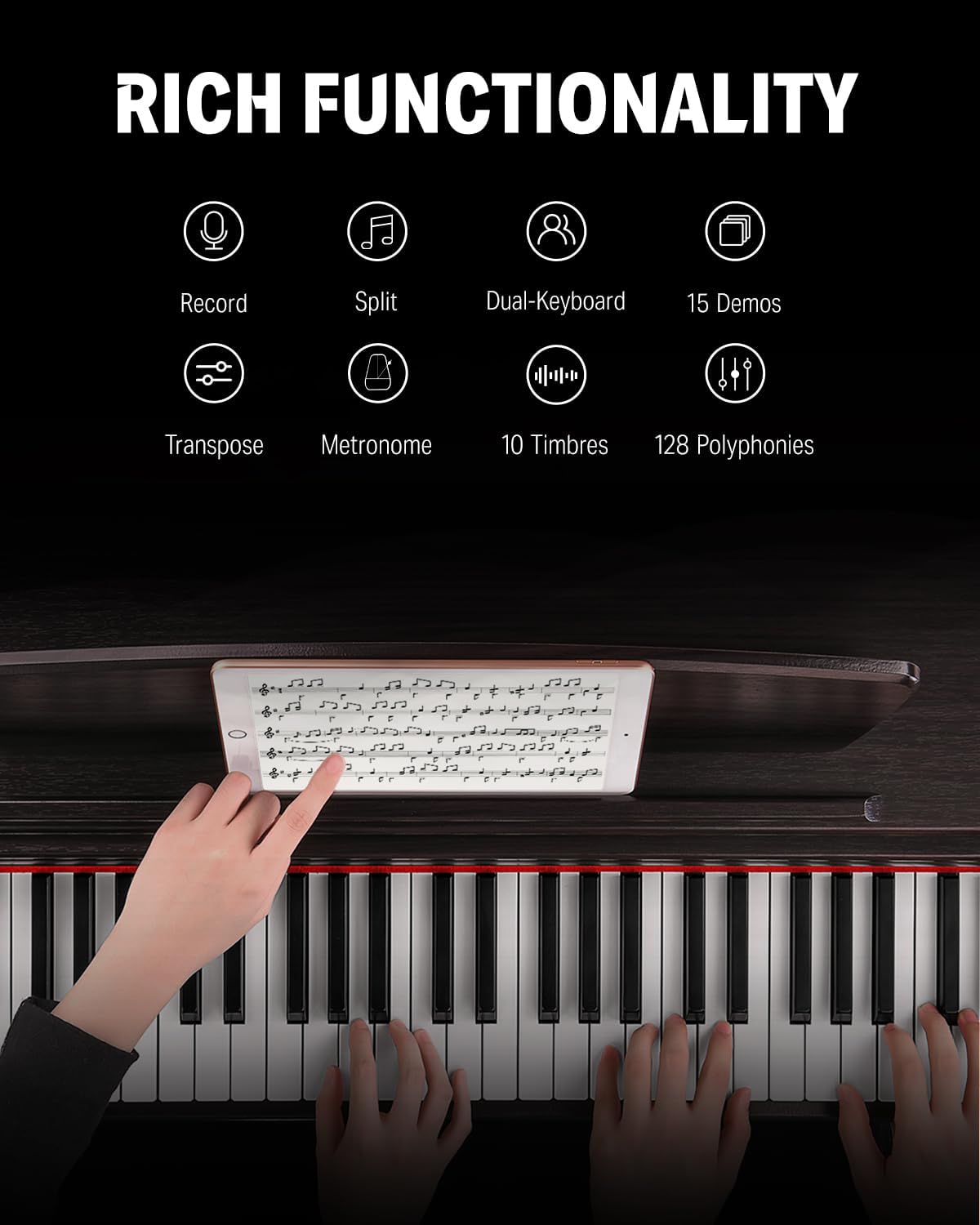 Donner DDP-300 Digital Piano with 88 Graded Hammer Action Weighted Keys, Record, Bluetooth, 10 Voices, 4 Reverb, Speakers, Professional Full Fize Key Keyboard Electric Dark Rose - Image 7