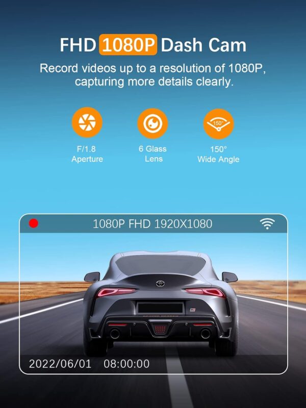 Dash Cam WiFi FHD 1080P Car Camera, Front Dash Camera for Cars, Mini Dashcams for Cars with Night Vision, 24 Hours Parking Mode, WDR, Loop Recording, G-Sensor, APP, Support 128GB Max - Image 2
