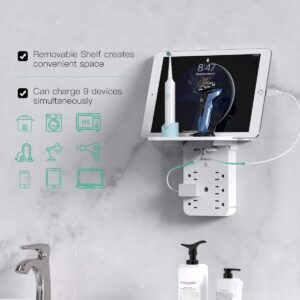 Wall Outlet Extender with Surge Protector, 6 AC Outlets, Shelf, 2 USB & USB C Charging Ports – Home & Dorm Plug Expander