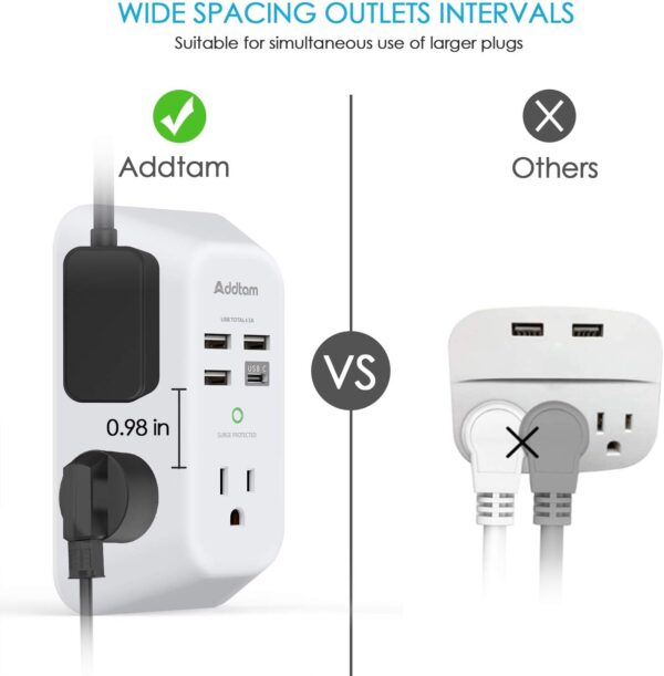Addtam USB Wall Charger Surge Protector 5 Outlet Extender with 4 USB Charging Ports (1 USB C Outlet) 3 Sided 1800J Power Strip Multi Plug Outlets Wall Adapter Spaced for Home Travel Office ETL Listed - Image 3
