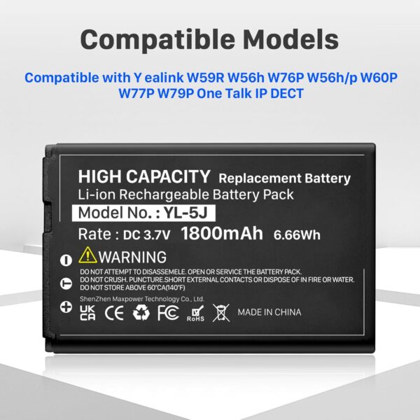 2pcs 1800mAh YL-5J Battery Compatible with Yealink W56HB W59R W56h/p W59VR W60P W76p W77P W79P W56-BATT One Talk IP DECT 3.7V - Image 5