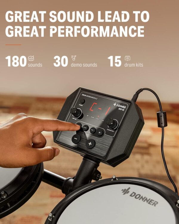 Donner DED-80 Electronic Drum Set with 4 Quiet Mesh Pads, 180+ Sounds, 2 Pedals, Throne, Headphones, Sticks, and Melodics Lessons - Image 5