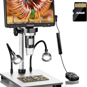 TOMLOV DM9 7″ Digital Microscope: 1080P 1200X Coin Microscope Magnifier, 12MP Ultra-Precise Focusing LCD Soldering Microscopes for Adults, PC View, 32GB