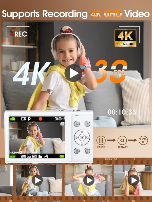 Digital Camera,Autofocus 4K Vlogging Camera for Photography with 32GB Card,48MP Portable Compact Point and Shoot Digital Camera for Teens Adult Beginner with 16X Zoom,Anti-Shake,2 Batteries(White) - Image 3