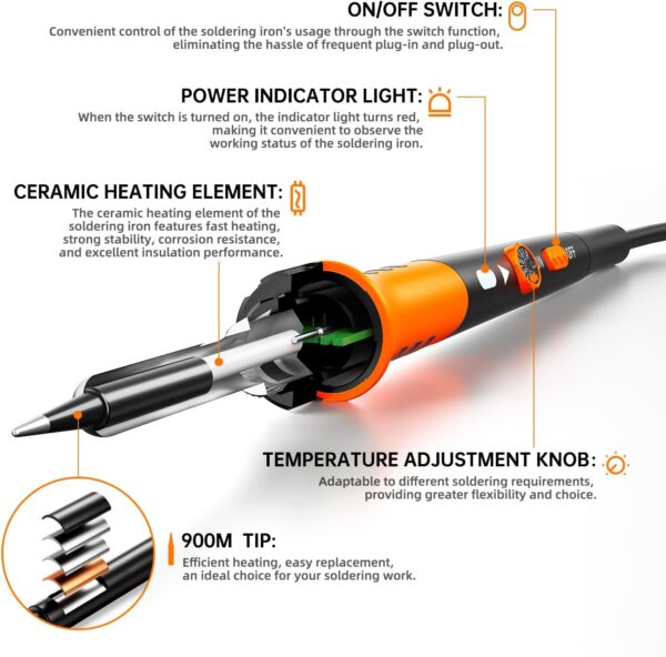 Soldering Iron Premium Kit, 60W Soldering Gun with Ceramic Heater, 12-in-1 Soldering Tool, Adjustable Temperature 200 to 450°C, Includes Soldering Iron Tip, Solder Wire, Pump and Paste - Image 2
