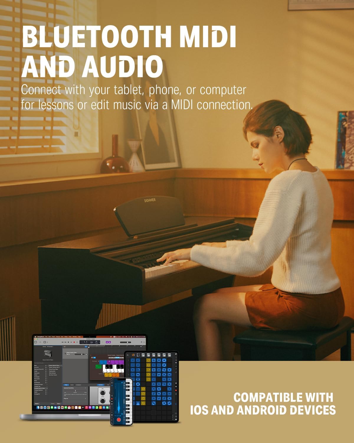 Donner DDP-300 Digital Piano with 88 Graded Hammer Action Weighted Keys, Record, Bluetooth, 10 Voices, 4 Reverb, Speakers, Professional Full Fize Key Keyboard Electric Dark Rose - Image 4