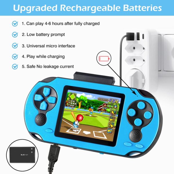 16 Bit Handheld Game for Kids Adults, 3.0'' Large Screen Preloaded 230 HD Classic Retro Video Games with USB Rechargeable Battery & 3 Game Cartridges for Birthday Gift for Kids 4-12 (Blue) - Image 4
