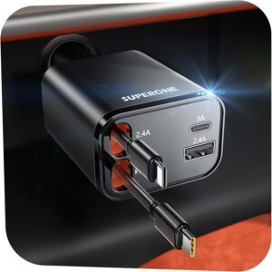 Read more about the article [2025 Upgraded] Retractable Car Charger, SUPERONE 69W Car Phone Charger with Cables Fast Charging, Gifts for Men Women Car Accessories for iPhone 16 15 14 13 12, Samsung, Black