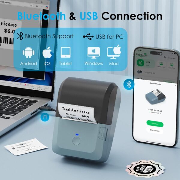 Bluetooth Label Maker Machine with Tape, Y50P Portable Thermal Sticker Maker for Home Office, Small Bussiness & School – Logo Stickers Printer – Includes 230 Labels, Black - Image 2