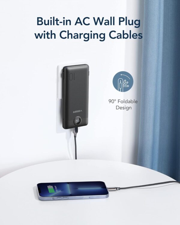 VEGER Portable Charger for iPhone Built in Cables and Wall Plug, 10000mah Slim Fast Charging USB C Power Bank, Travel Essential Battery Pack Compatible with iPhones, iPad, Samsung More Devices(Black) - Image 3
