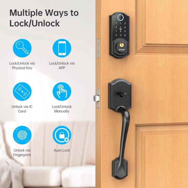 Smart Lock Front Door, SMONET Keyless Entry Door Lock with Handle, Smart Front Door Lock Set Fingerprint Smart Deadbolt Bluetooth Electronic Digital Keypad Lock, Auto Lock Work with Alexa, Black - Image 2