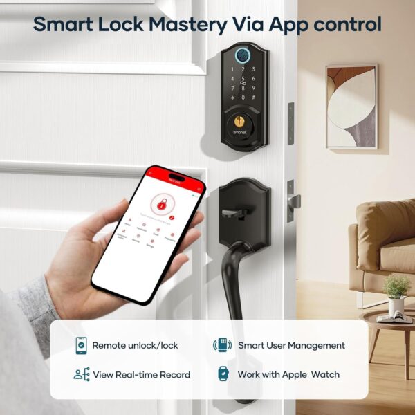 Smart Lock Front Door, SMONET Keyless Entry Door Lock with Handle, Smart Front Door Lock Set Fingerprint Smart Deadbolt Bluetooth Electronic Digital Keypad Lock, Auto Lock Work with Alexa, Black - Image 7