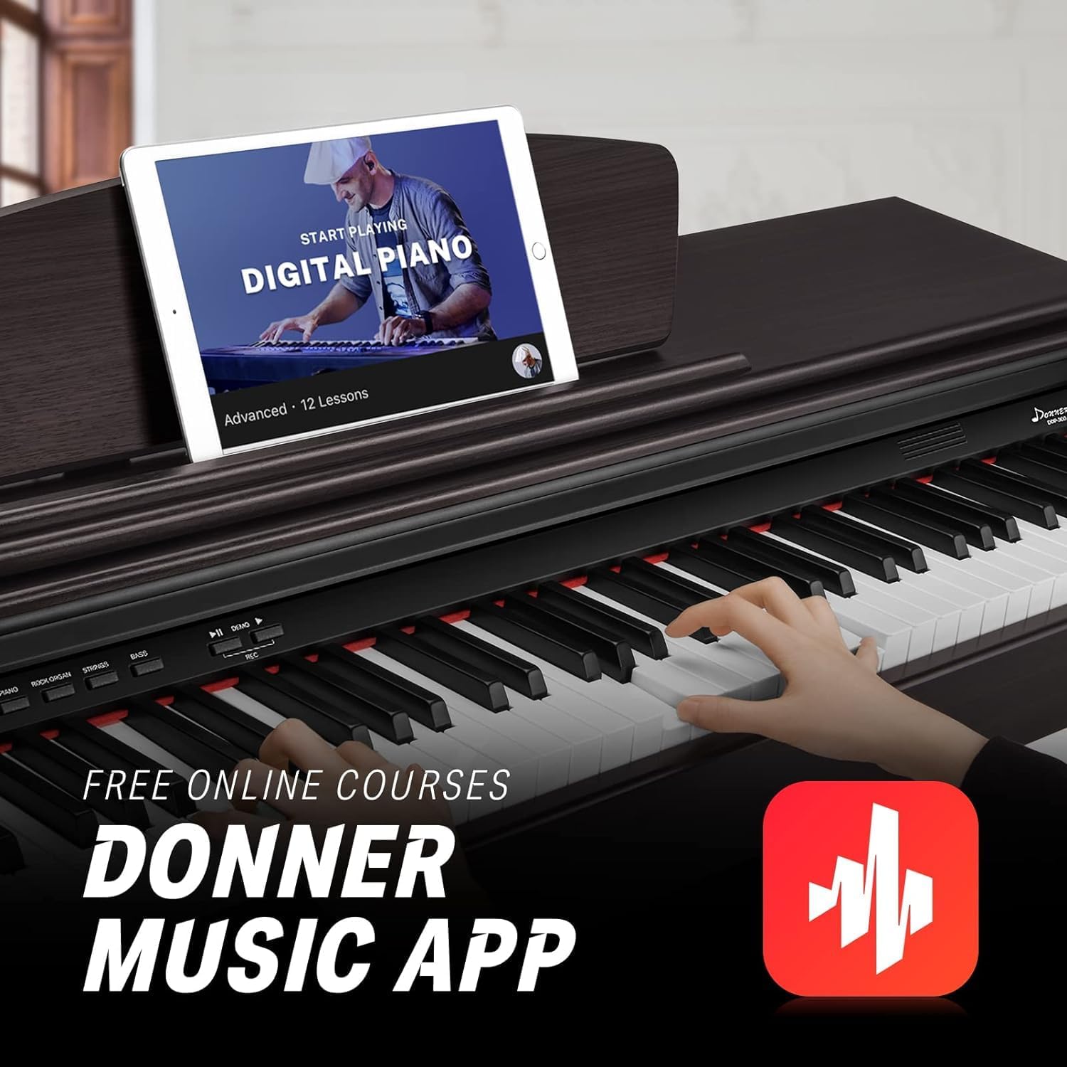 Donner DDP-300 Digital Piano with 88 Graded Hammer Action Weighted Keys, Record, Bluetooth, 10 Voices, 4 Reverb, Speakers, Professional Full Fize Key Keyboard Electric Dark Rose - Image 8