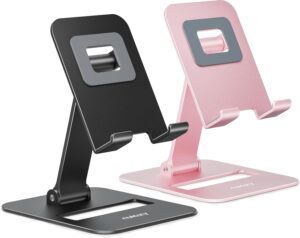 Read more about the article Nulaxy 2 Pack Dual Folding Cell Phone Stand, Fully Adjustable Phone Holder for Desk, Compatible with iPhone 16 15 14 13 12 11, Nintendo Switch, All Phones, Black & Rose Gold