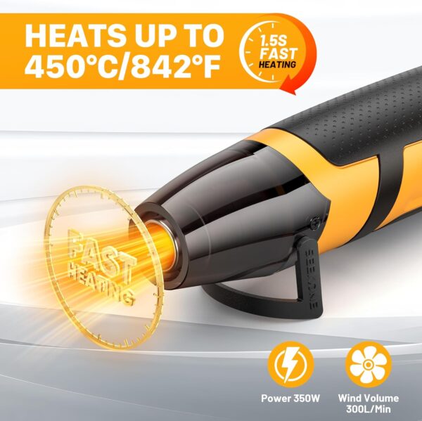 SEEKONE Mini Heat Gun, 350W 2-Temp Settings 500℉ & 842℉（260℃& 450℃） Fast Heat Hot Air Gun Tool with Reflector Nozzle and 4.9Ft Long Cable Overload Protection for Crafting, Vinyl Wrap and Shrink Tubing - Image 4