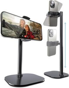 Read more about the article Cooper ChatStand Adjustable Cell Phone Stand for Desk & Video Recording, Rotating Cell Phone Holder for Desk for All iPhone, Samsung, Android, 9-14″ Face-Level Metal Desktop Tripod (Night Black)
