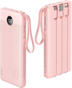 Read more about the article VRURC Portable Charger Power Bank, 10000mAh Travel Essentials Battery Pack, 5 Outputs 2 Inputs Slim Charging Bank Built-in Cables Cords Wires Compatible with iPhone,Samsung,Android-Pink(1 Pack)