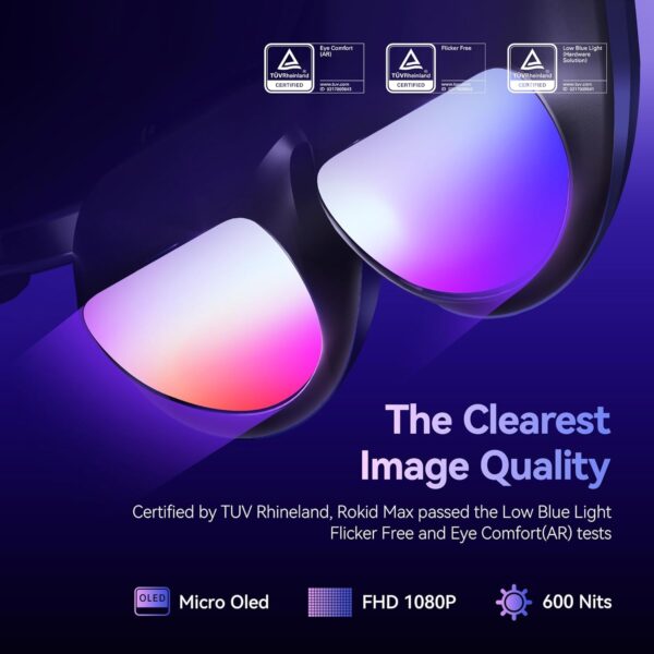 Rokid Max AR Glasses, 160" Micro-OLED Display, 50° FOV, 600nits Brightness, Compatible with iPhone 15&Android, Steam Deck, ROG, Ipad, Mac Immersive Wearable Display for Gaming & Entertainment - Image 3
