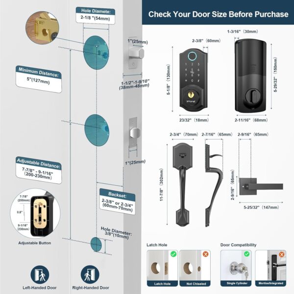 Smart Lock Front Door, SMONET Keyless Entry Door Lock with Handle, Smart Front Door Lock Set Fingerprint Smart Deadbolt Bluetooth Electronic Digital Keypad Lock, Auto Lock Work with Alexa, Black - Image 6