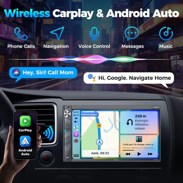 SJoyBring Upgrade Wireless Double Din Car Stereo with Apple Carplay, Android Auto, Dash Cam, Bluetooth, 4-Channel RCA, 2 Subwoofer Ports, 7" HD Capacitive Touchscreen Car Radio, 60W*4, Backup Camera - Image 2