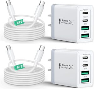 Read more about the article 40W USB C Charger Block, 2Pack 4-Ports Type C Fast Phone Charging Cube with 6FT USBC to USBC Cord, Multiport Wall Plug Power Brick Box Compatible with iPhone, Samsung, iPad Pro, Cellphones Charger