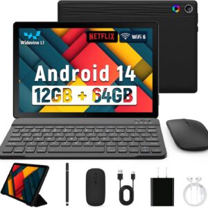 Latest 2025 Upgraded Android Tablet 10.1 Inch with IPS HD Touch Screen, Dual Camera, 64GB Storage 1TB Expansion, 8 in 1 Tablets Kit with Keyboard, Protective Case, Mouse, Stylus, BT 5.4, WiFi 6
