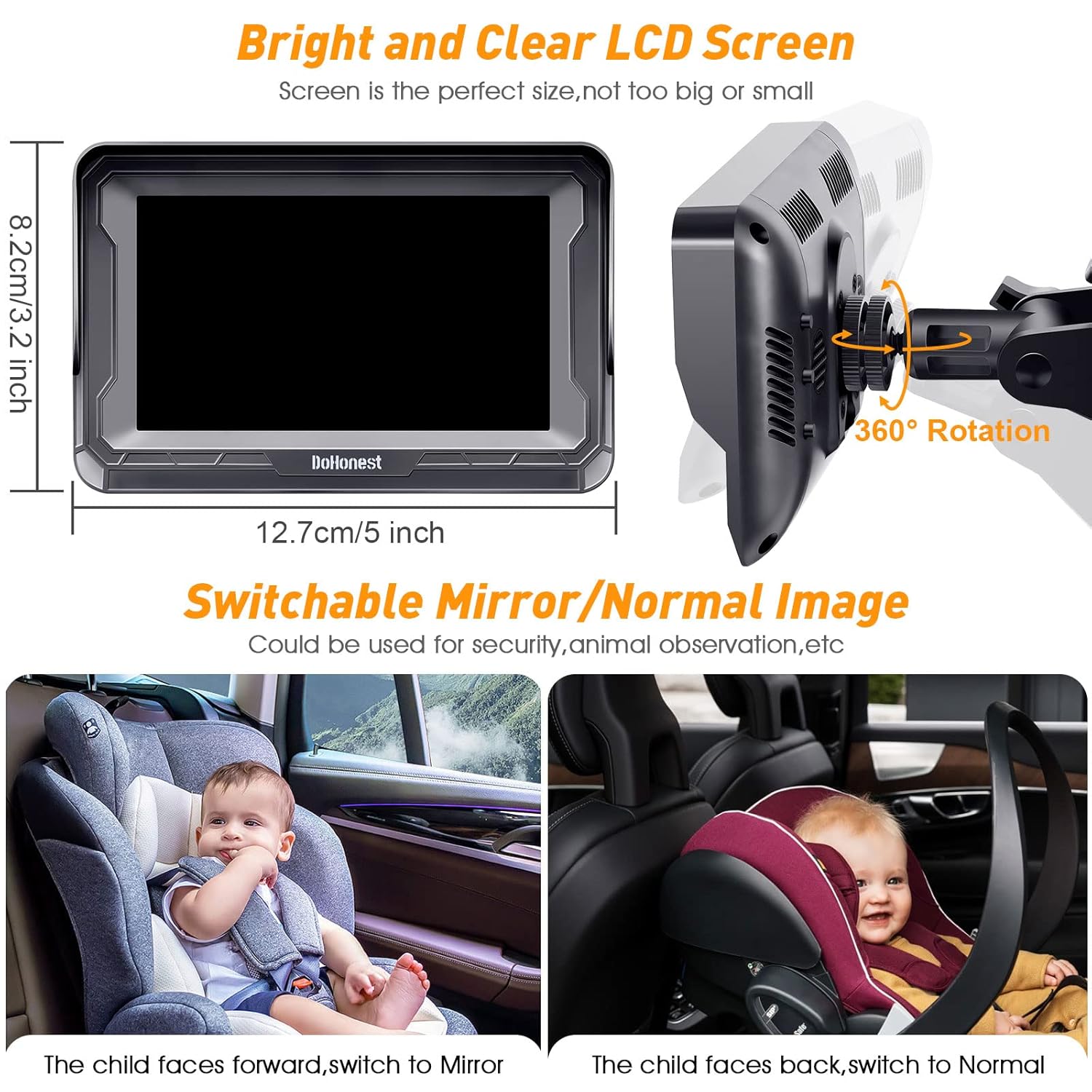 DoHonest Baby Car Camera HD 1080P - Rear-Facing Car Baby Monitor with Night Vision, Adjustable View Angle, Easy Setup, Anti-Glare Display, Safety for Kids & Infants - Image 4