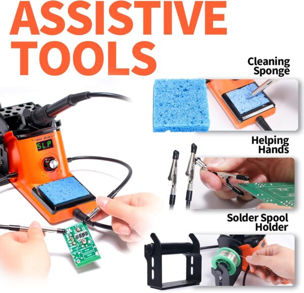 YIHUA 926 III 60W LED Display Soldering Iron Station Kit w 2 Helping Hands, 6 Extra Iron Tips, Roll of Lead-Free Solder, Solder Sucker, S/S Tweezers, °C/ºF Conversion, Auto Sleep & Calibration Support - Image 5
