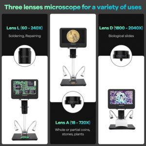 Andonstar AD246S-M HDMI Digital Microscope 2000x for Adults, 3 Lens 2160P UHD Video Record, 7 Inch LCD Soldering Microscope for Electronics Repair, Error Coins, Pro Boom Arm Stand, Windows Compatible