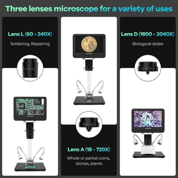Andonstar AD246S-M HDMI Digital Microscope 2000x for Adults, 3 Lens 2160P UHD Video Record, 7 Inch LCD Soldering Microscope for Electronics Repair, Error Coins, Pro Boom Arm Stand, Windows Compatible - Image 2