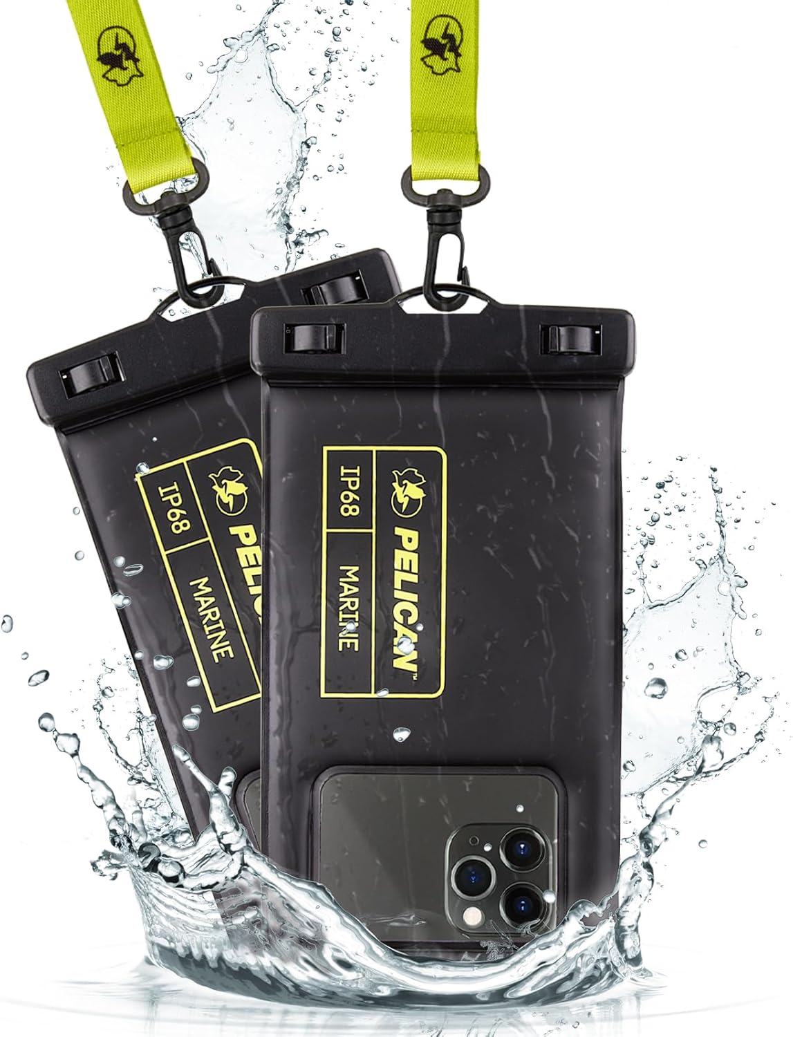 You are currently viewing Pelican 2 Pack Marine – IP68 Waterproof Phone Pouch (Regular Size) Floating Waterproof Phone Case – Beach Cruise Ship Travel Essentials – Works w/All Phones – Detachable Lanyard – Black/Hi-Vis Yellow