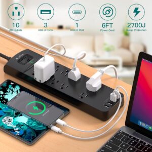 Power Strip – Addtam Surge Protector with 10 Outlets and 4 USB Ports, 6 Feet Extension Cord with Flat Plug, 2700 Joules, ETL Listed, Black