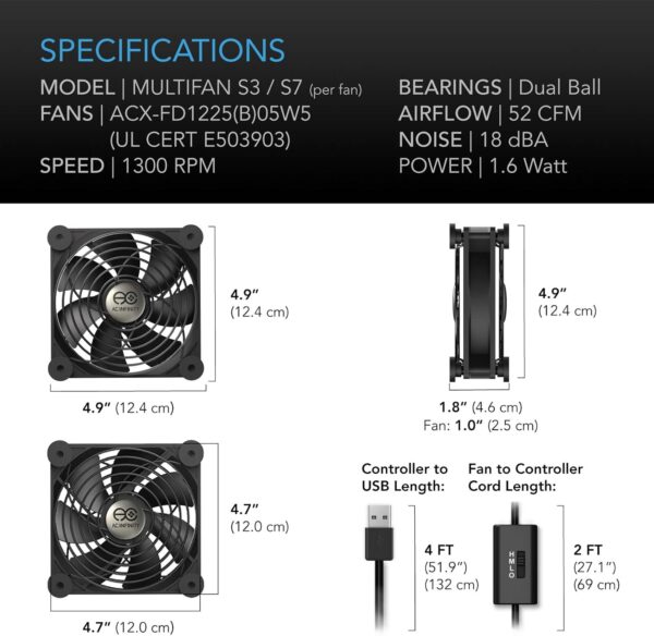 AC Infinity MULTIFAN S7, Quiet Dual 120mm USB Fan, UL-Certified for Receiver DVR PlayStation Xbox Computer Cabinet Cooling - Image 6