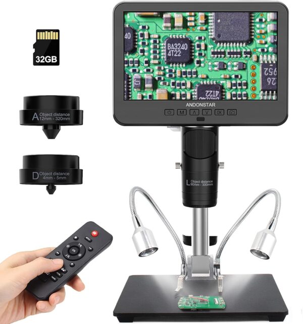 Andonstar AD246S-M HDMI Digital Microscope 2000x for Adults, 3 Lens 2160P UHD Video Record, 7 Inch LCD Soldering Microscope for Electronics Repair, Error Coins, Pro Boom Arm Stand, Windows Compatible