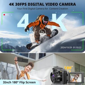 4K Digital Camera for Photography Autofocus, 2024 Latest 48MP Vlogging Camera for YouTube with SD Card, 2 Batteries, 3″ 180°Flip Screen Compact Travel Camera for Teens with 16X Zoom, Anti-Shake,Black