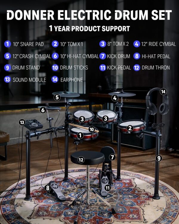Donner DED-200 MAX Electronic Drum Set with Industry Standard Mesh Heads, 10'' Snare, 8“ Tom, 10'' Tom, 12'' Crash, 450+ Authentic Sounds for Optimal Performance and Feel NEW - Image 7