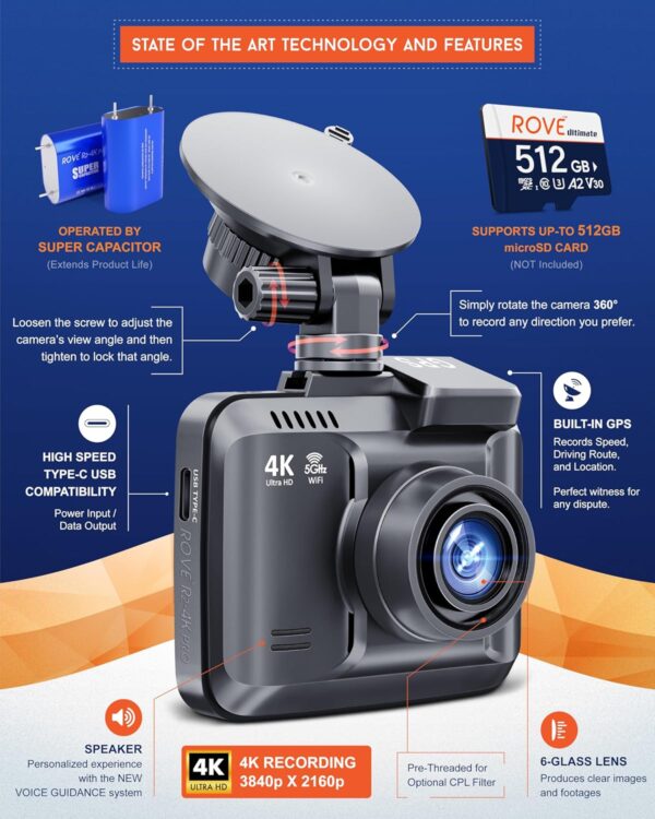 ROVE R2-4K PRO Dash Cam, Built-in GPS, 5G WiFi Dash Camera for Cars, 2160P UHD 30fps Dashcam with APP, 2.4" IPS Screen, Night Vision, WDR, 150° Wide Angle, 24-Hr Parking Mode, Supports 512GB Max - Image 3